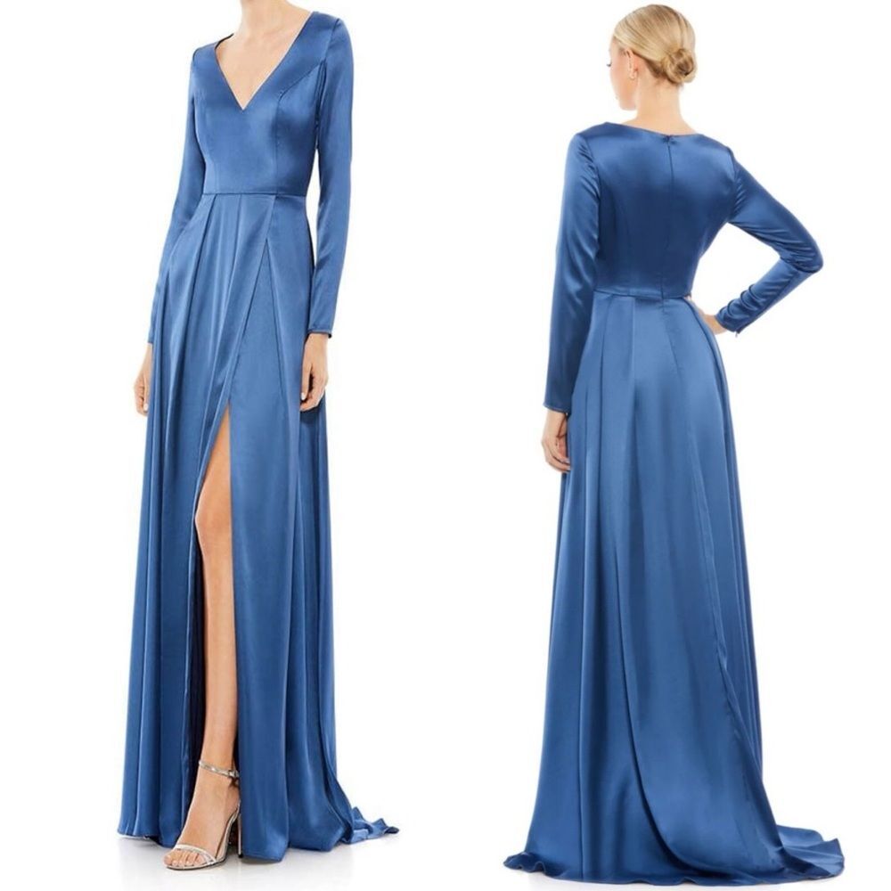 Mac Duggal Blue Satin V Neck Long Sleeve Pleated Gown 4